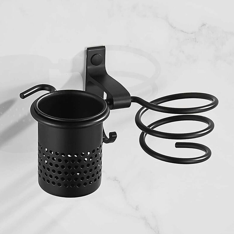 Black Bathroom Hair Dryer Holder with Hook + Basket Holder with Drilled or Self Adhesive for Hair Care Tools and Aluminum Hair Curler Room (1 Pack)
