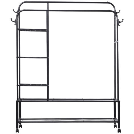 Black Bedroom Double Rod Clothes Rack with Shelves and Wheels 120cm W x 38.5cm D x 165cm H