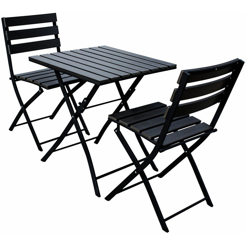 Black Bistro Set Square Patio Garden Table & 2 Outdoor Folding Chairs
