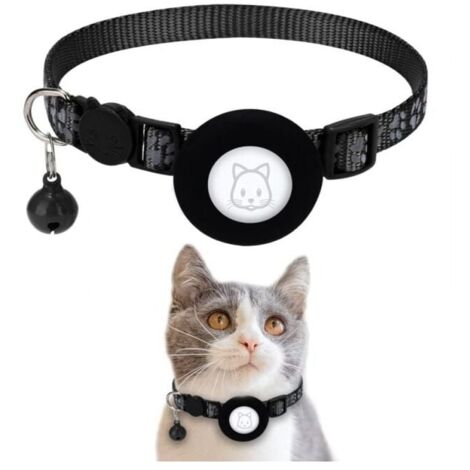 (Black) Cat Collar with Safety Buckle and Bell, 1 cm Wide Reflective Cat Collar with Airtag Holder for Cats, Puppies, Kittens YMYNY