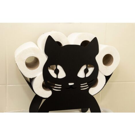 Black Cat Toilet Roll Holder Metal Bathroom Kitty Kitten Storage Loo Roll Stand Wall Mounted Free Standing Spacious Holds up to 5 Rolls