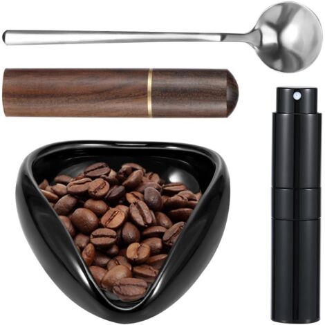 Black ceramic coffee metering plate 4-piece set (including coffee bean metering device, 10ml watering can and espresso cloth powder spoon)