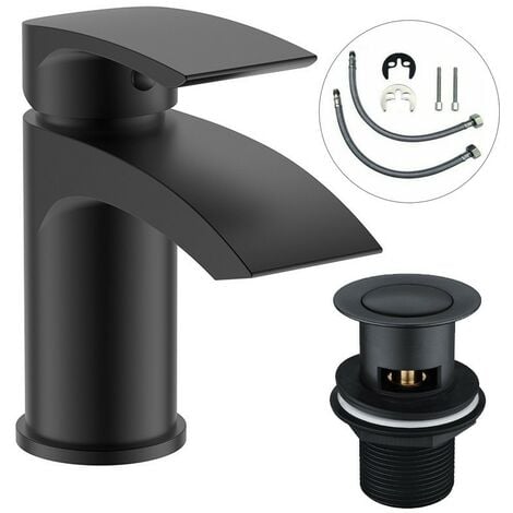 FNX BATHROOMS Black Curve Waterfall Cloakroom Mini Basin Mixer Tap Sink Mono Bathroom + Waste