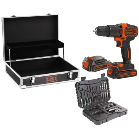 Black+Decker Akku 2-GANG Schlagbohrschrauber Schraubendreher 40Nm 1,5Ah 18V 21000 S/Min inkl. 2 Akkus, 32tlg. Zubehörset im  Metallkoffer - BDCHD18B2FC