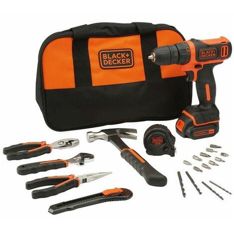 Black+Decker BDCDD12HTSA - Taladro Atornillador Compacto 10,8V 1,5Ah con 6 herramientas y 14 accesorios y bolsa de transporte
