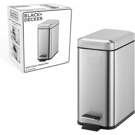 BLACK+DECKER BXBN0005GB Cestino Rettangolare a Pedale da 5 L con Coperchio a Chiusura rallentata, Acciaio Inossidabile, 30 cm x 14 cm x 29 cm, Grigio Freddo, profilato