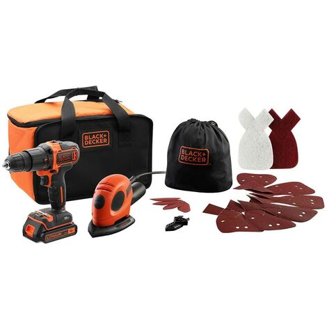 Pack 2 Outils Black & Decker Perceuse à percussion 18V + Ponceuse Mouse + Abrasifs+ Sac de transport BDK200AS1S