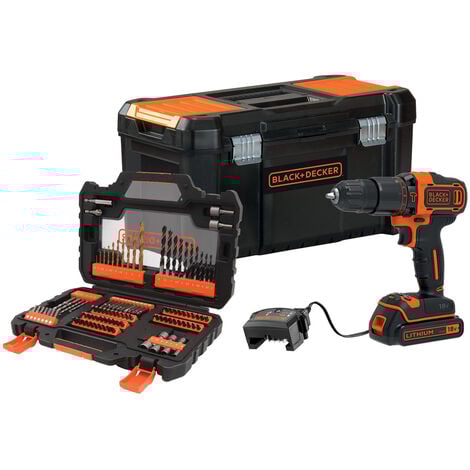 BLACK+DECKER Perceuse à percussion sans fil - 18 V - 1,5 Ah - 2 Vitesses - 104 accessoires - Livrée en boite à outil (BDCHD18S1KA-QW)