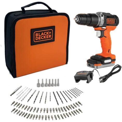 Black & Decker – Perceuse-visseuse à percussion sans fil 12V avec 1 batterie 1,5Ah – 80 accessoires – Éclairage LED – Pour béton, bois et métal - BDCHD12S1A-QW