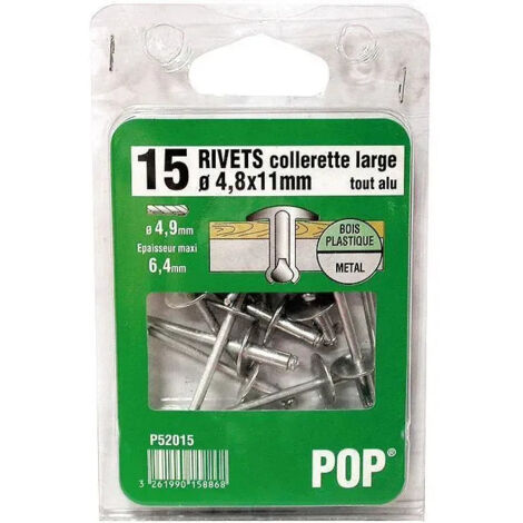 Black & Decker – Rivet POP alu à collerette large – Diamètre 4.8 mm – Longueur 11 mm – Lot de 15 pièces pour fixation solide