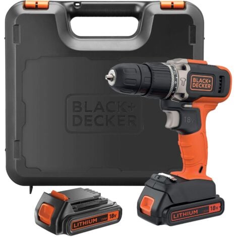 BLACK & DECKER BLACK+DECKER Trapano a percussione a batteria da 18V a 2 velocità con due batterie da 1,5Ah e caricatore da 400mA, coppia di 45Nm, luce da lavoro a LED, BCD003C2K-QW