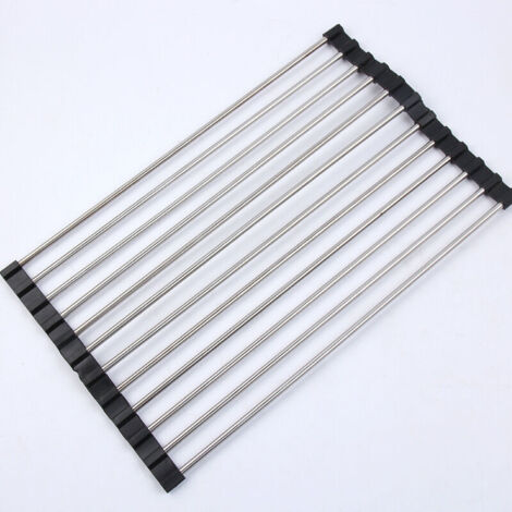 Black dish drainer with 12 tubes, 43 x 23 cm, 1 kitchen sink mat, foldable dish drainer, stainless steel drainer