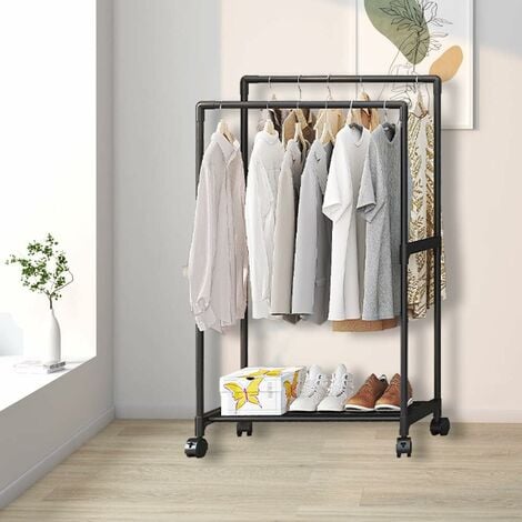 LIVINGANDHOME Black Double Rod Metal Clothes Rack on Wheels