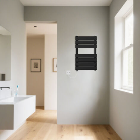 Black Flat Panel Electric Heated Warming Towel Rail 650x400mm