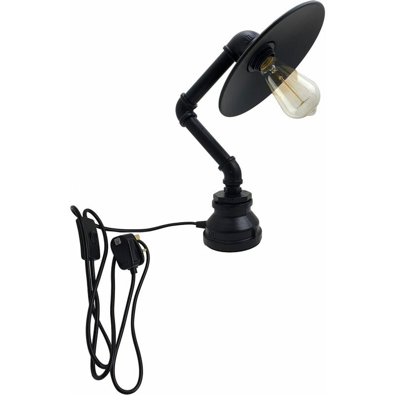 Black Flat Shade With E27 Retro Industrial Style Iron Water Pipe Desk Table Lamp