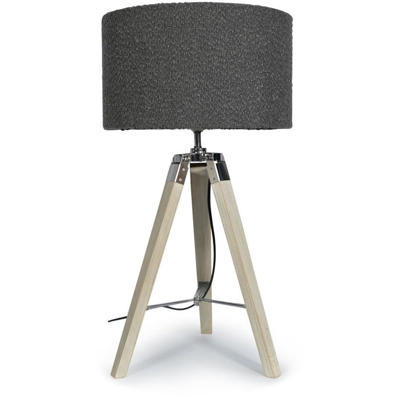 Tripod Table Lamp Chrome & Wood Living Room Light Boucle Dum Lampshade Shade - Charcoal + led Bulb