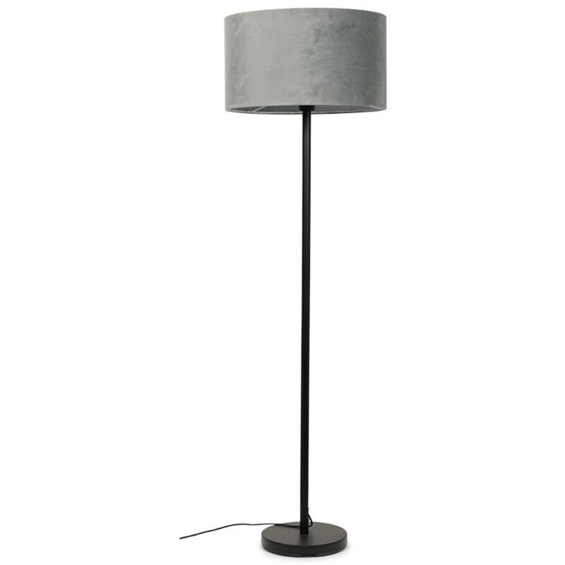 Black Floor Lamp Metal Stem Living Room Reading Light Large Velvet Lampshade - Grey - No Bulb
