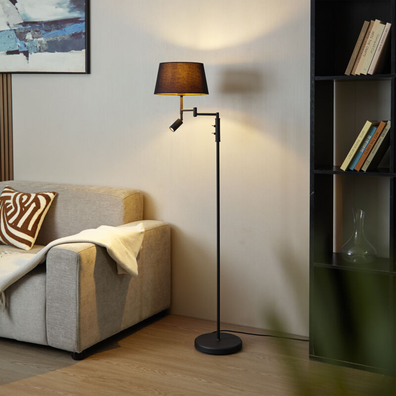 Qazqa - Floor Lamp Black with Black Lampshade and Adjustable Reading Light - Ladas