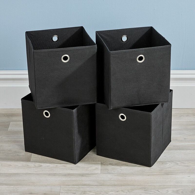 Home Source Folding Square Storage Utility Box Drawer 4 Piece Fabric Cube Set in Black