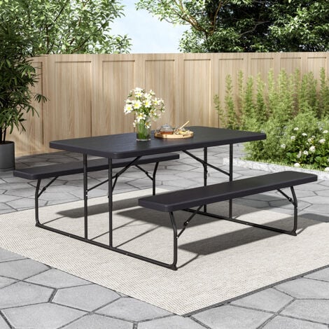 Black Foldable Picnic Table and Bench Set with Parasol Hole