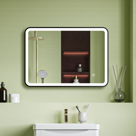 Black Framed LED Bathroom Mirror with Demister Brightness Adjustable White + Warm Lighting Memory - Rectangular 500x700mm