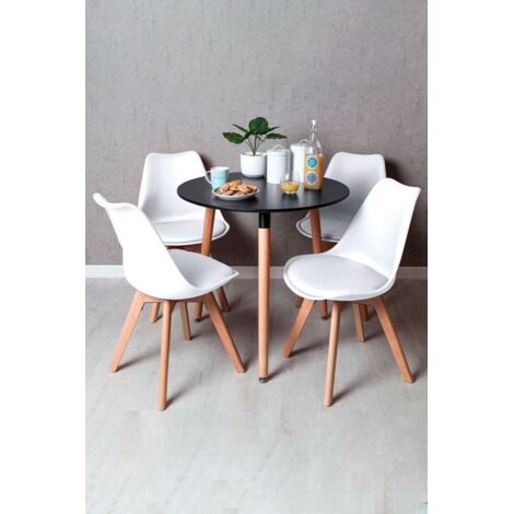 Black Friday - Conjunto Mesa Tower Redonda 80 cm Negra y Pack 4 Sillas Synk Basic - Blanco