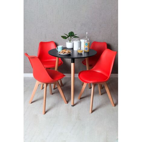 Black Friday - Conjunto Mesa Tower Redonda 80 cm Negra y Pack 4 Sillas Synk Basic - Rojo