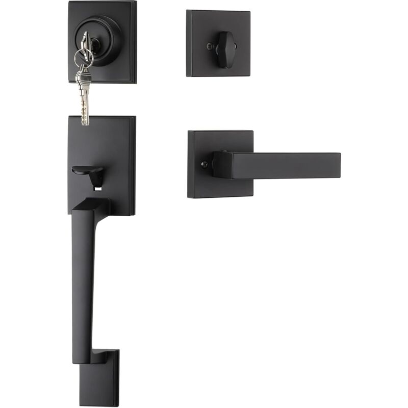 Black Front Door Handle and Deadbolt Set, Entry Door Handle and Deadbolt with Reversible Handle Lever,Front Door Lock Set, Exterior Door Handles and