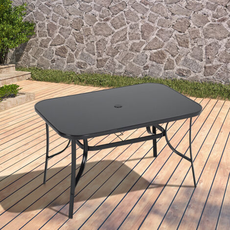 Black Garden Glass Top Rectangle Table With Umbrella Hole, 120CM