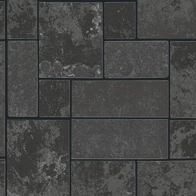 As Creation Kitchen Bathroom Brick Effect Wallpaper Tilestone Embossed Vinyl Black Glitter, Black
