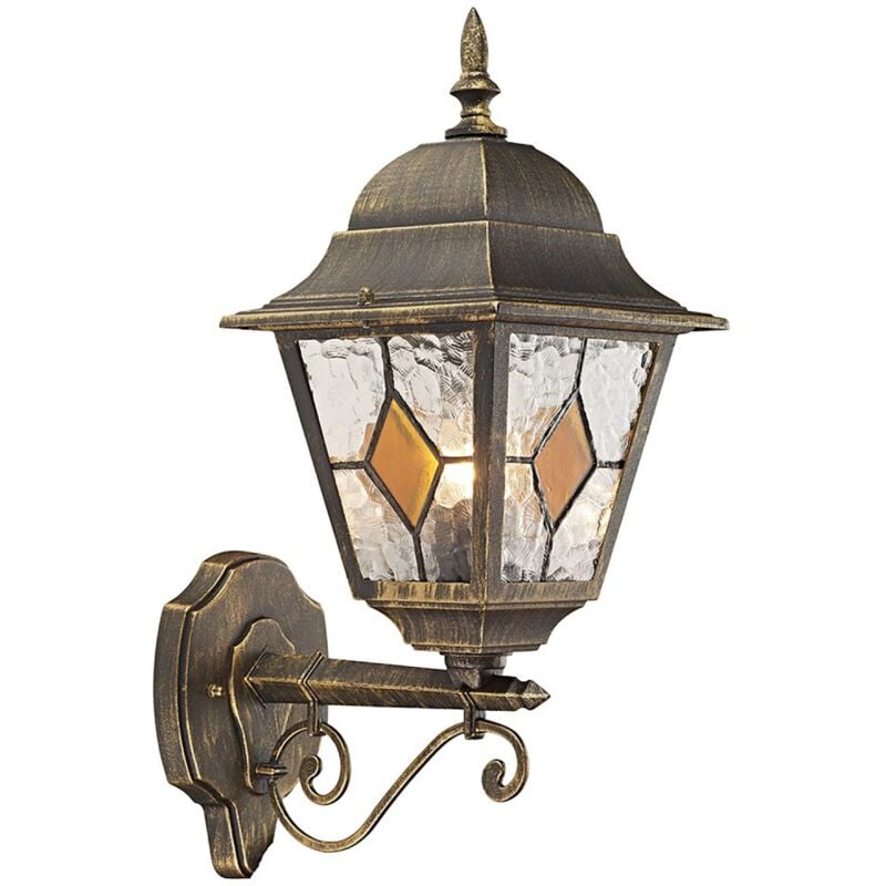 Black/Gold Cast Aluminium Outdoor Wall Light With Amber Leaded Glass by Happy Homewares