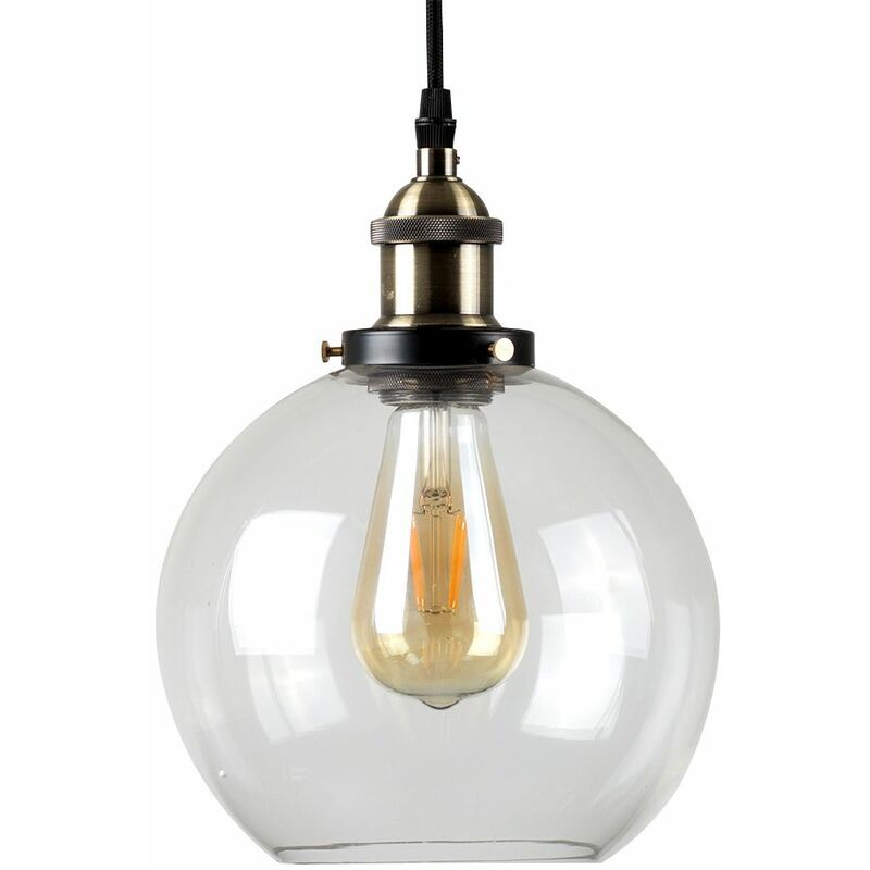 Minisun - Black & Gold Ceiling Pendant & Clear Glass Globe Light Shade + 4W LED Filament Es E27 Amber Light Bulb