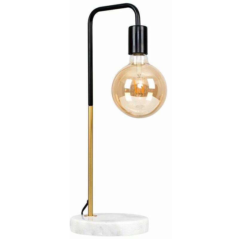 Black & Gold Metal Table Lamp + White Marble + 6W LED Filament Giant Globe Light Bulb - Warm White