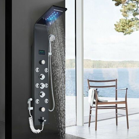 Black Hydro-Massage Shower Column Panel with LCD Display and Hand Shower and 8 Massaging Nozzles Stainless Steel Multi-Functional Shower System for Bathrooms