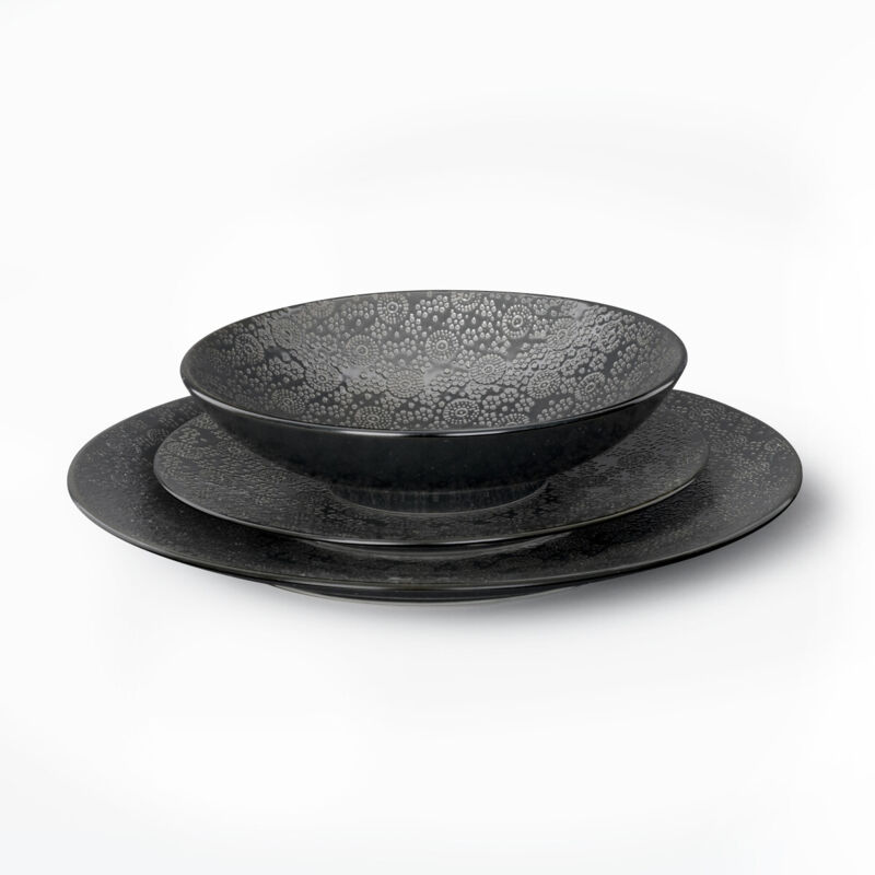 Service 18 pièces assiettes en grès texturé – Motifs floraux – 6 assiettes plates, 6 assiettes dessert, 6 assiettes salade