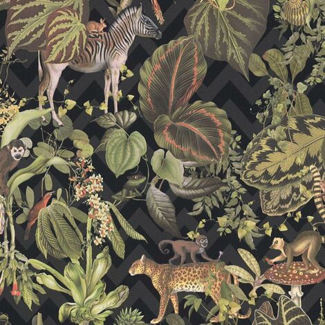 Black Jungle Wallpaper Textured Animal Tropical Vinyl Green