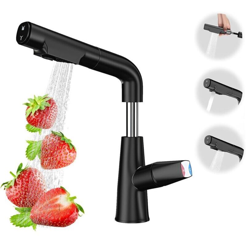 Black kitchen faucet, 70 cm pull-out shower faucet, kitchen mixer tap, stainless steel bathroom faucet, two spray modes, 360° swivel