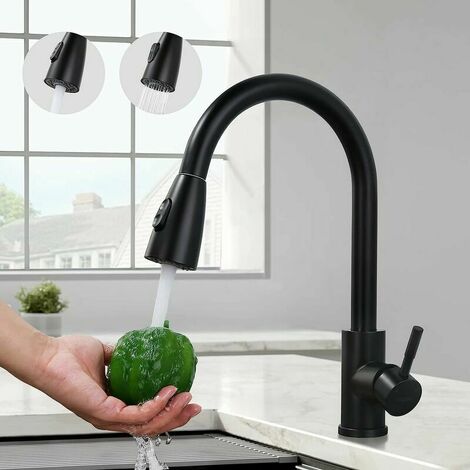 Black Kitchen Faucet, Sink Mixer Tap with Pull-Out Spray in Stainless Steel, Kitchen Mixer Tap with 2 Jet Modes, High Spout and 360° Rotatable, Anti-Corrosion