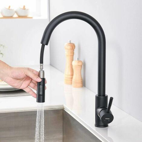 Black kitchen faucet with pull-out spray and 2 jet modes High 360° swivel spout Sink faucet Stainless steel kitchen mixer Adjustable hot and cold water