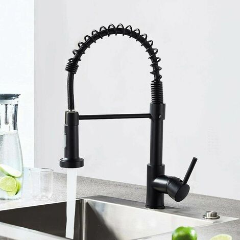 Black Kitchen Sink Tap, Kitchen Mixer Taps with 360° Swivel Sprayer Sink Mixer Tap Single Lever Spring Kitchen Faucet Matt Black