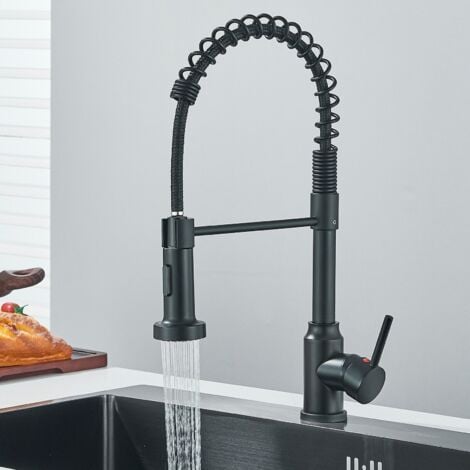 ZAMERY Black Kitchen Tap Sink Mixer tap Commercial Single Handle Single Hole Pull out Swivel spray head Mixer Tap Cold and hot Fittings UK Standard