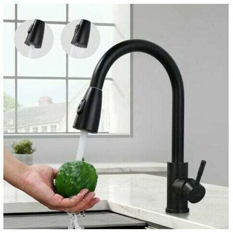 Black kitchen tap, sink mixer with pull-out spray in stainless steel, kitchen mixer with 2 jet modes, high and 360° rotating spout, anti-corrosion