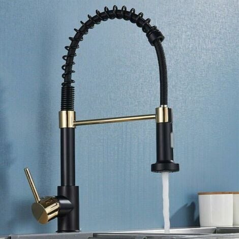 Black Kitchen Tap with Pull Down Lead-Free Spring Kitchen Sink Mixer tap Solid Brass Single Handle Single Hole 360° Swivel Sprayer Mixer Tap Cold and hot Fittings UK Standard