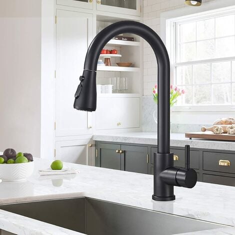 Black Kitchen Taps Mixer, High Pressure 360° Swivel Kitchen Sink Taps with Pull Out Spray 3 Modes, Stainless Steel Pull Down Sink Taps for Kitchen, Deck Plate Not Included, Matte Black