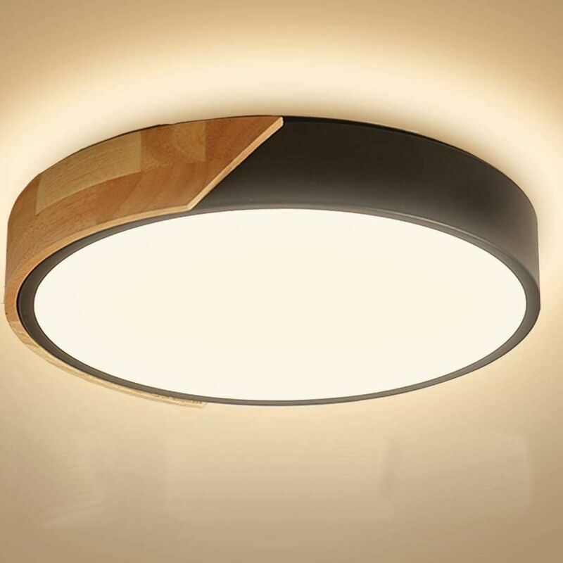 Black led Ceiling Light, 18W Cool White 3000K Wooden Ceiling Light Fixture Ø305CM, Modern Round 2400Lumen Ceiling Lamp for Office Living Room Bedroom
