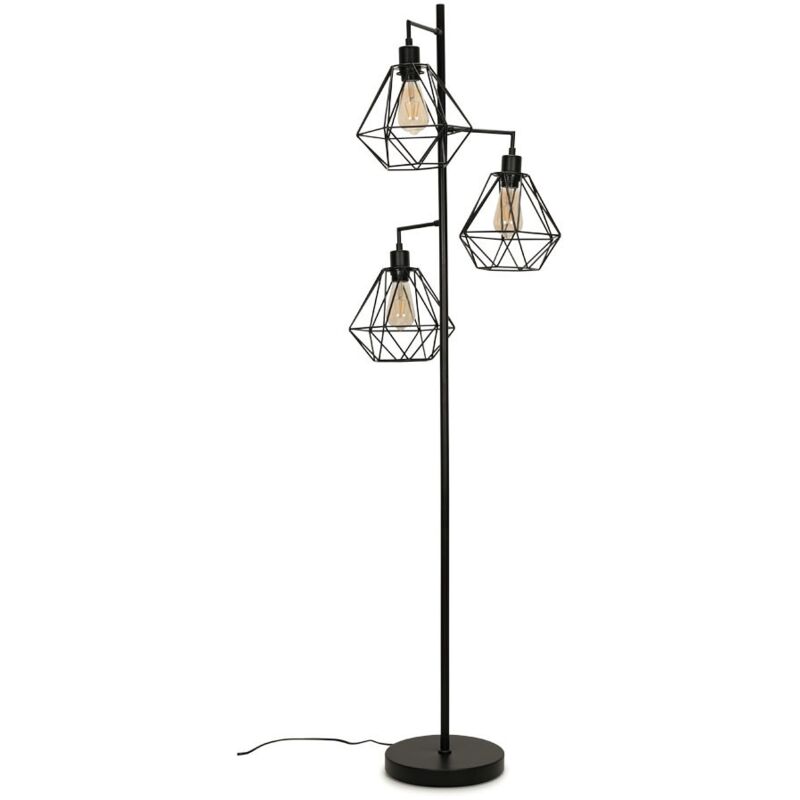 Black Metal 3 Way Floor Lamp with Geometric Lampshades - Black + 3x led 4W Bulb