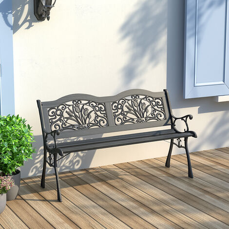 LIVINGANDHOME Black Metal Frame Wood Garden Bench