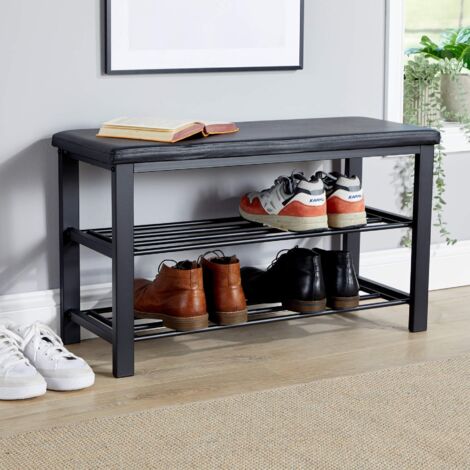 Black Metal Shoe Bench with Storage Shelf with Hallway Seating And Two Shelves