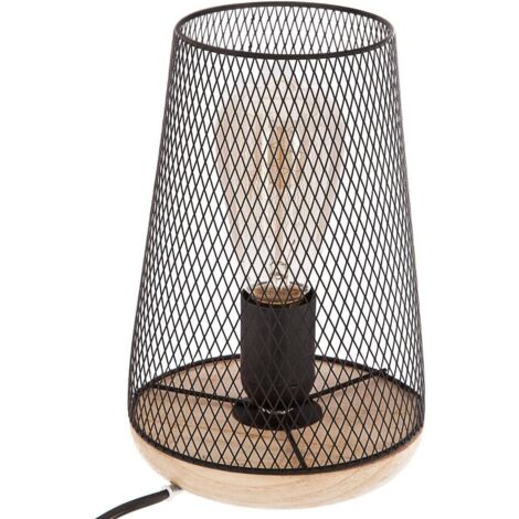 Black Metal Wood Iron Shade Wood Base PVC Cable 23cm Height 15cm Diameter