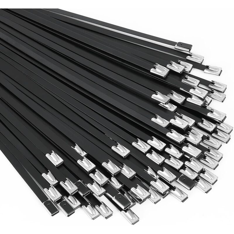 Black Metal Zip Ties 100pcs 11.8 inch 304 Stainless Steel Epoxy Coated Multipurpose Self-Locking Cable Ties